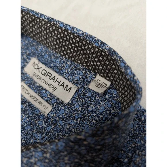 Nick Graham Everywhere Mens 2XLT Blue Floral Stretch‎ Modern Fit Dress Shirt - Picture 3 of 7